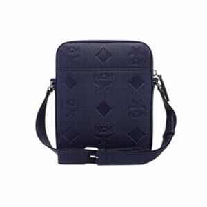 MCM NWT Klassik Monogram Embossed Leather Crossbody Bag in Navy Blue
